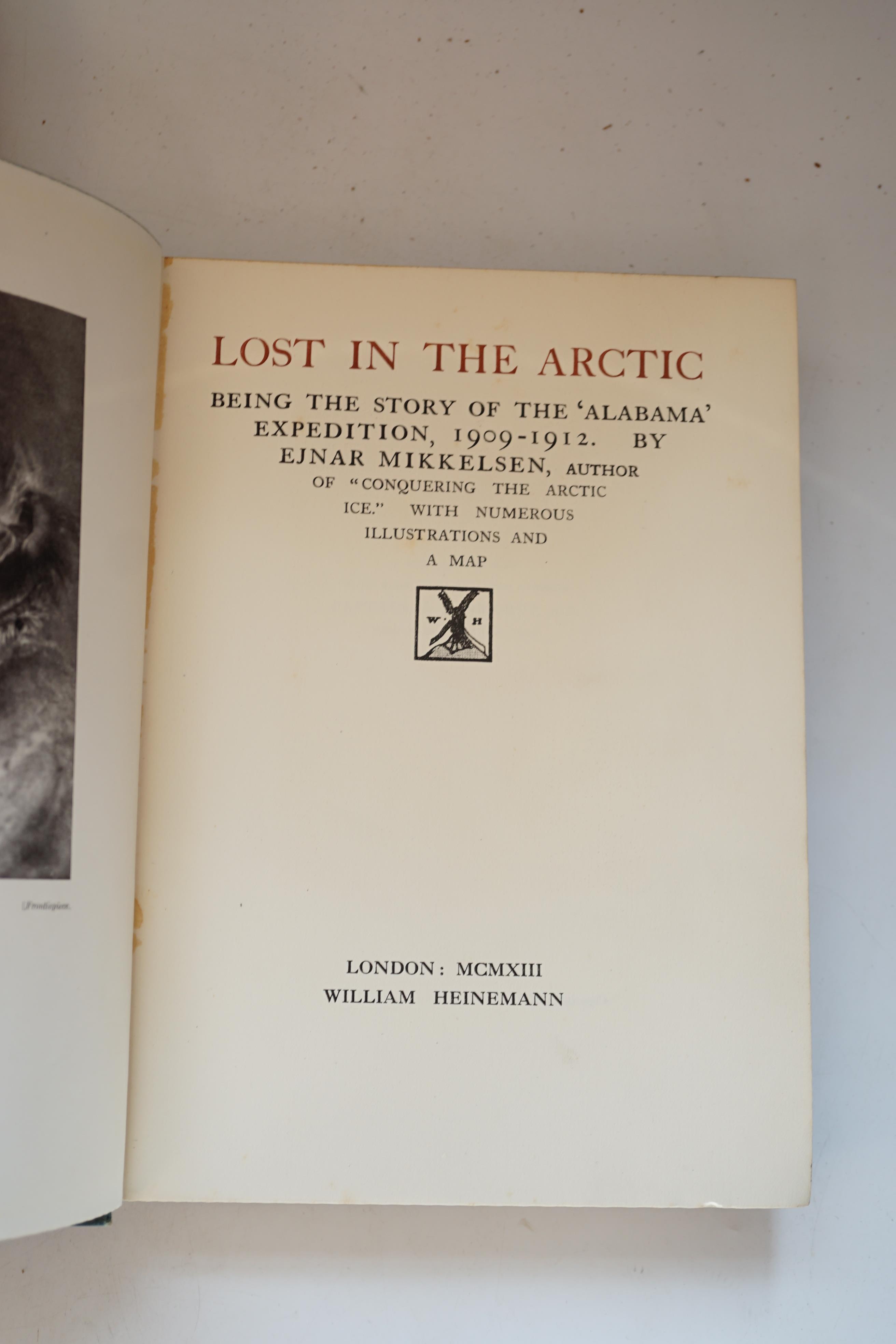 Mikkelsen, Ejnar. Lost in the Arctic being the Story of the 'Alabama' Expedition, 1909-1912, 1st edition, illustrated, including folding map at rear, 4to, cloth, pictorial decorated in silver with a panel depicting an ic